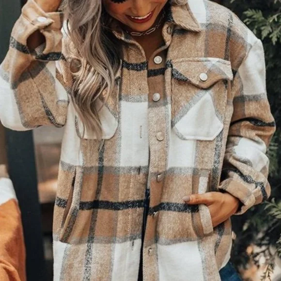 Khaki Tan Plaid Stripe Oversized Flannel Shirt Shacket - Picture 6 of 8